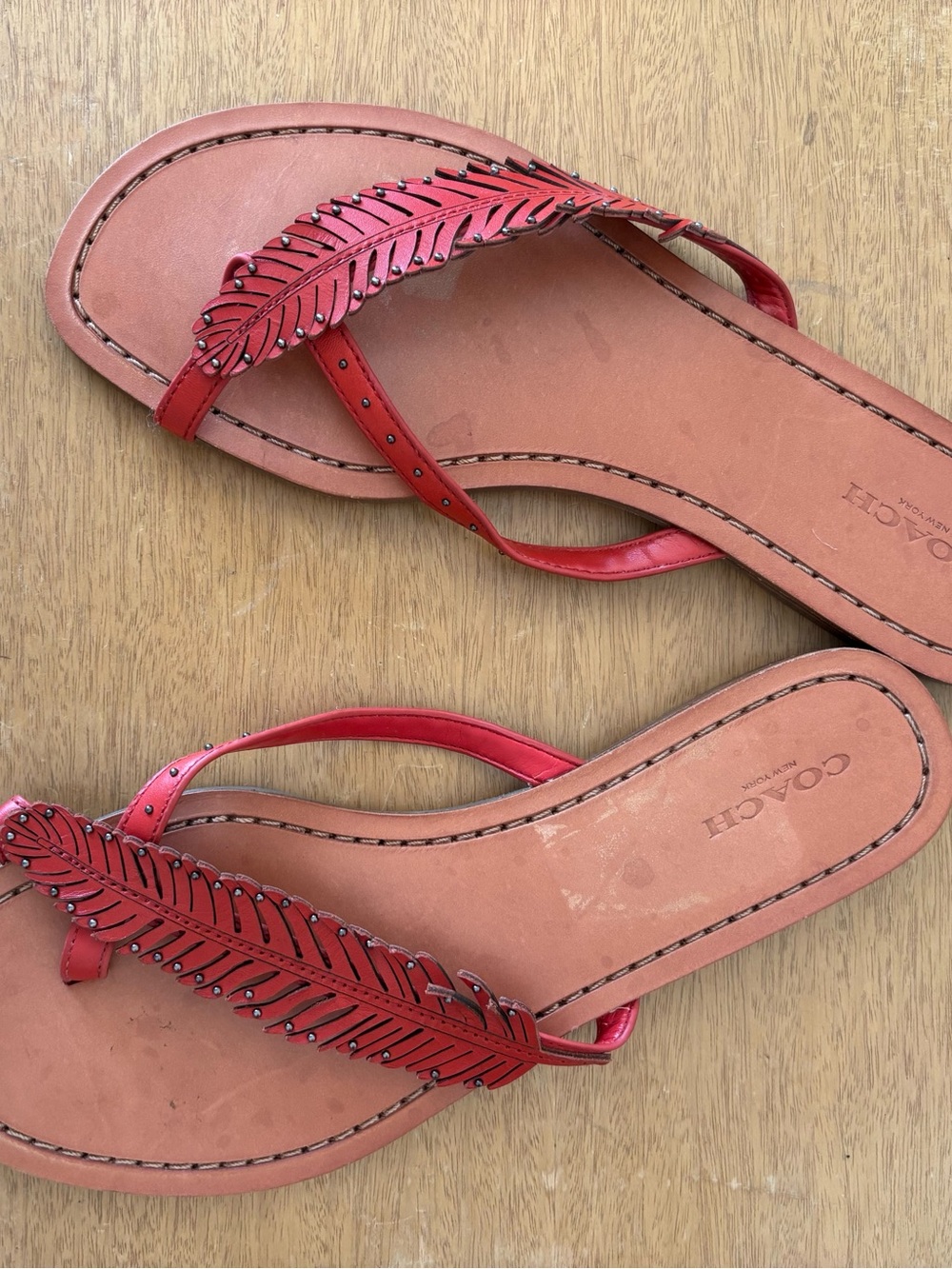 COACH Burnt-Orange Feather Design Studded Leather Sandals Flip Flops